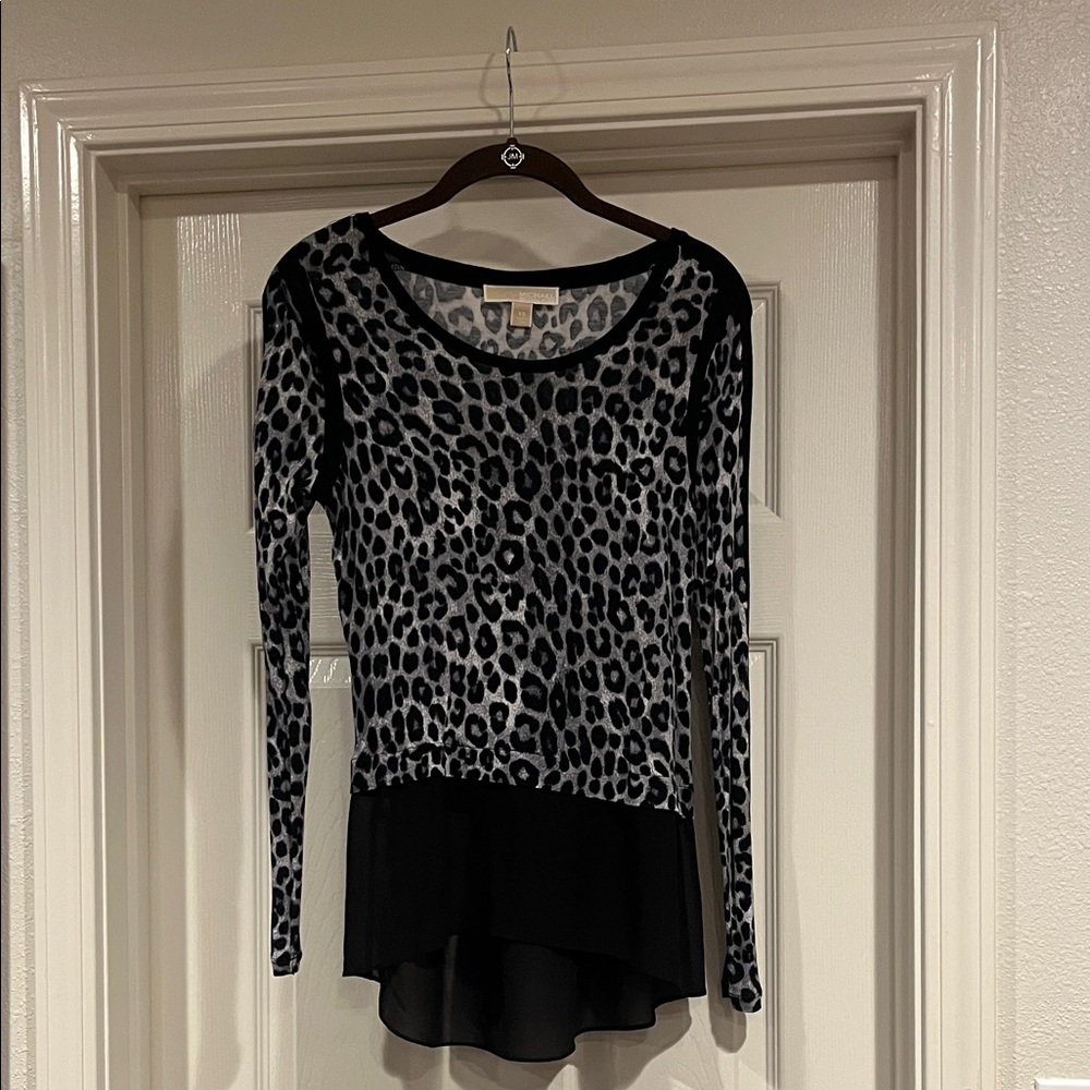 Michael Kors Black and Gray Leopard Print Long Sleeve Top